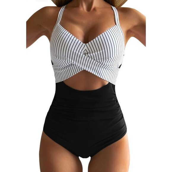Striped Halter One-Piece Swimsuit Adjustable Straps Size XL Eomenie Black White - Picture 1 of 13